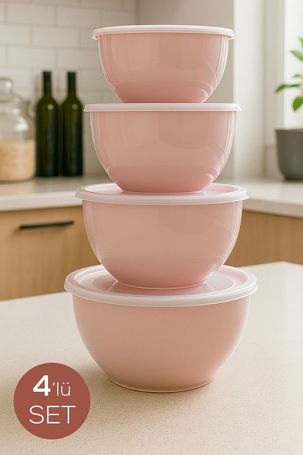 4’lü Yuvarlak Kase Seti Pembe | 1l, 1.5l, 2.3l, 3.3l | Kapaklı Çok Amaçlı Mutfak Saklama Kabı - 1