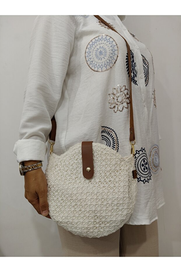 Design Hand Knitted Paper Rope Oval Baguette Shoulder Bag (Color Straw)