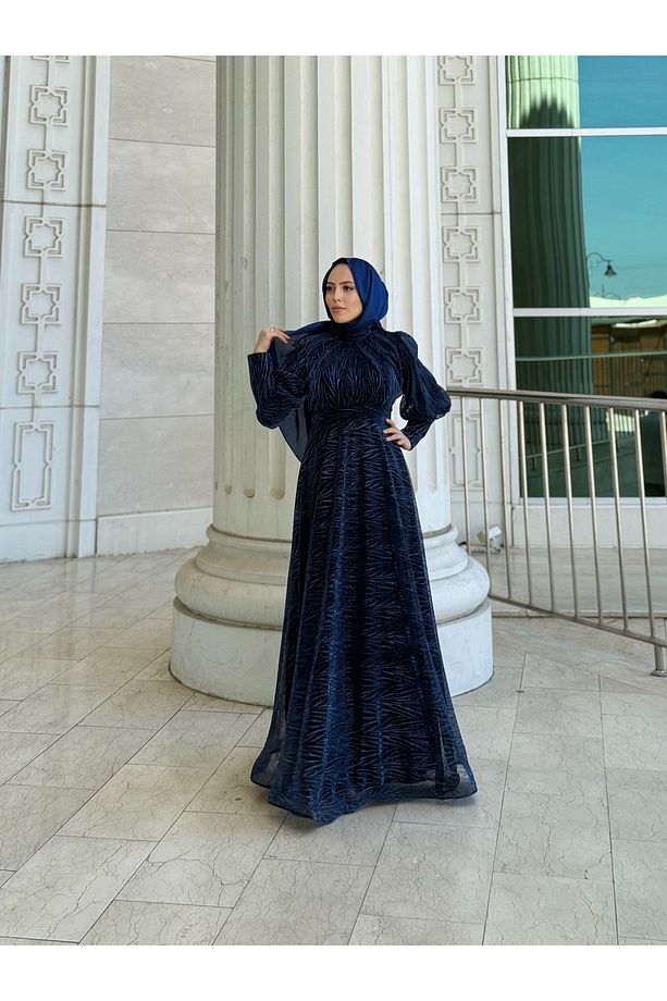Tesettür Tül Abiye Elbise Jakarlı Simli Dokuma Kumaş Moda Düğün Şıklığı – Lacivert - 7