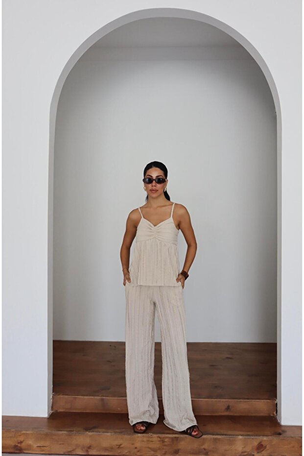 Wick patterned strap blouse & trousers double set - 1