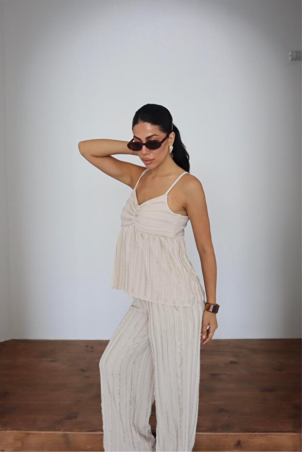 Wick patterned strap blouse & trousers double set - 5