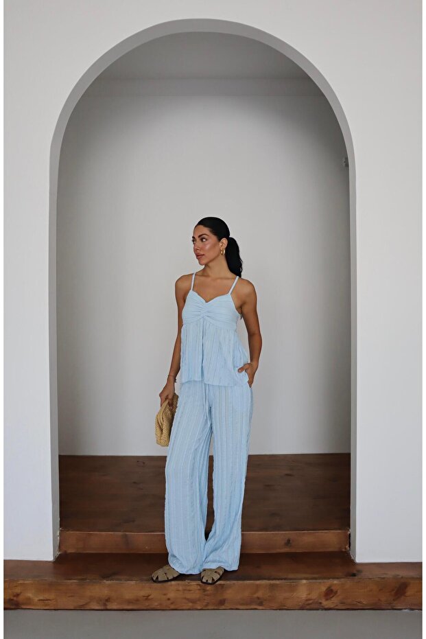 Wick patterned strap blouse & trousers double set - 2