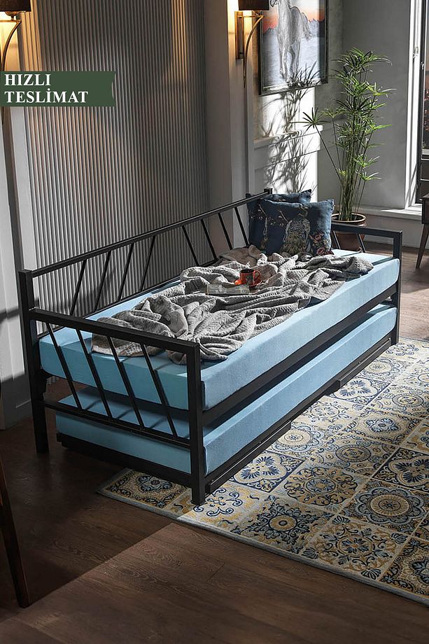 Glory Yavrulu Daybed Tek-çift Kişilik Sedir Metal Karyola Siyah - 3