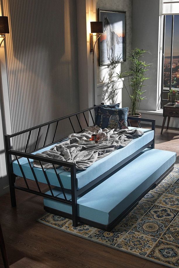 Glory Yavrulu Daybed Tek-çift Kişilik Sedir Metal Karyola Siyah - 4