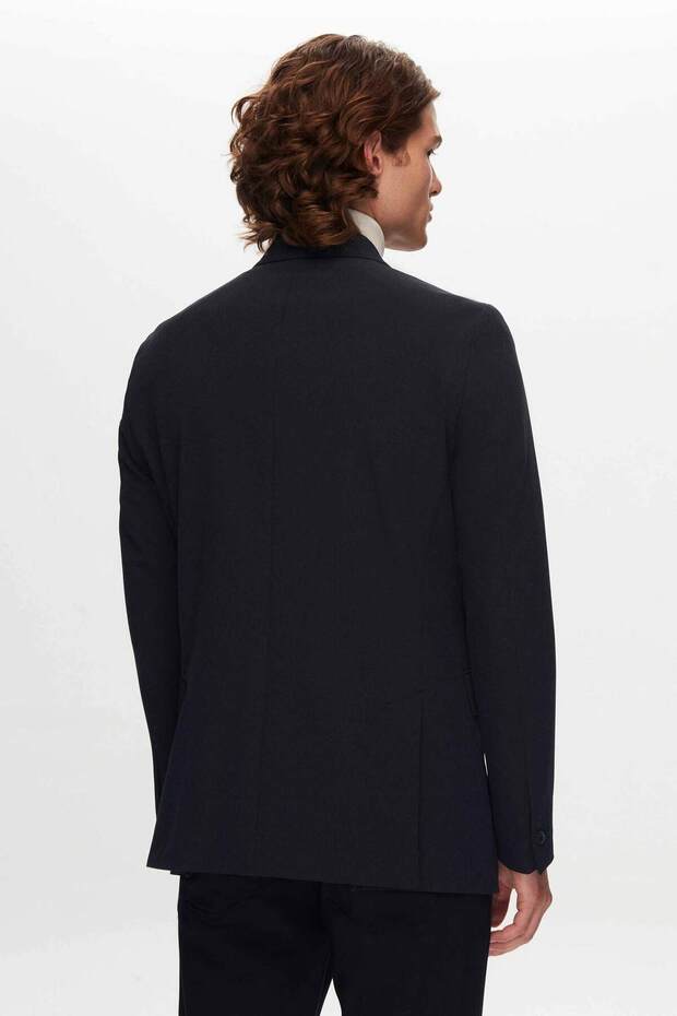 Slim Fit Lacivert Armürlü Bi Stretch Kruvaze Kumaş Ceket - 3