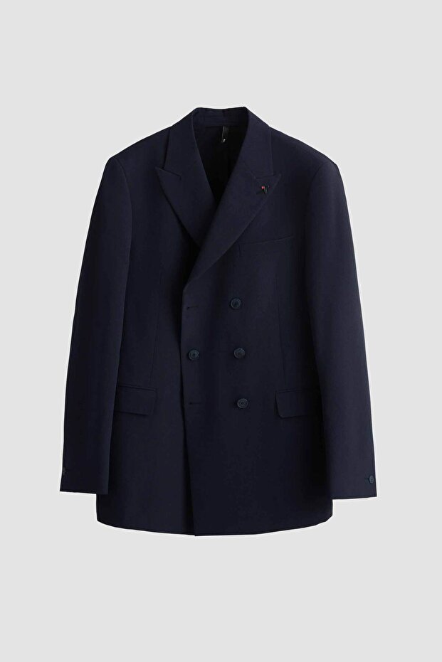 Slim Fit Lacivert Armürlü Bi Stretch Kruvaze Kumaş Ceket - 6