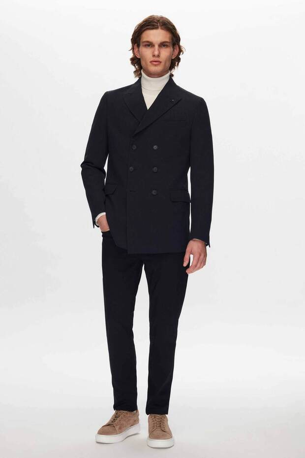 Slim Fit Lacivert Armürlü Bi Stretch Kruvaze Kumaş Ceket - 5