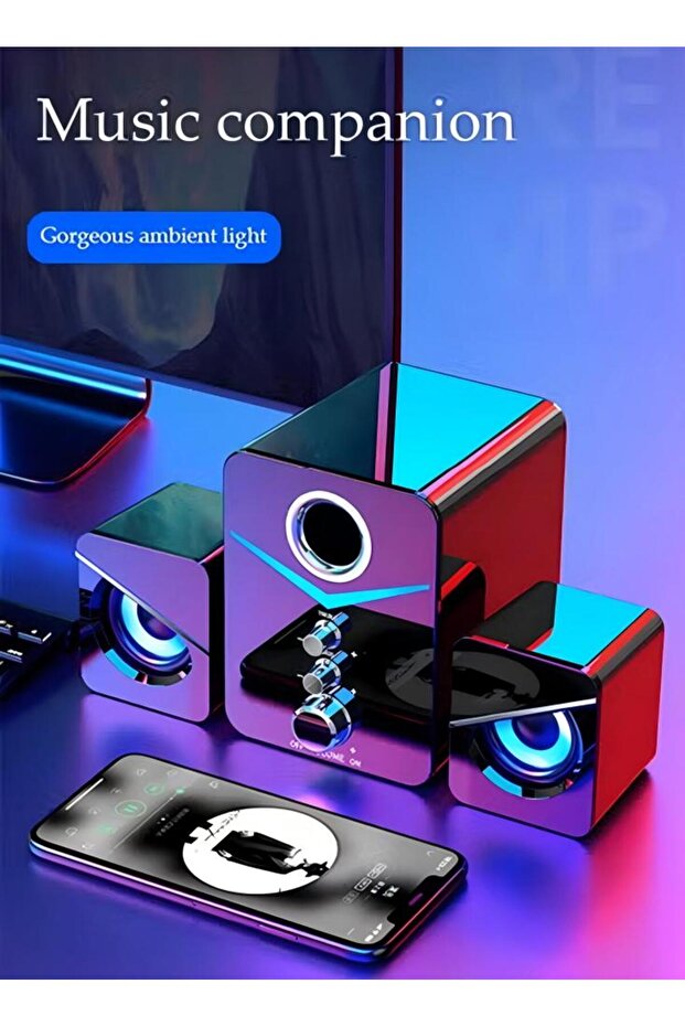 مجموعة مكبر صوت للكمبيوتر، مكبر صوت سطح المكتب المنزلي، مكونة من ثلاث قطع - 6