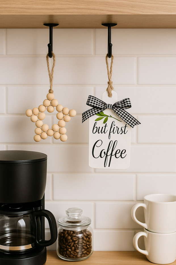 But First Coffee Kahve Köşesi Iskandinav Mutfak Dolap Süsü & Ahşap Yıldız 2'li Set - 1