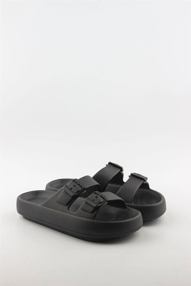 Akınal Bella Unisex Double Buckle Summer Stylish Comfortable Plartform Slippers Black
