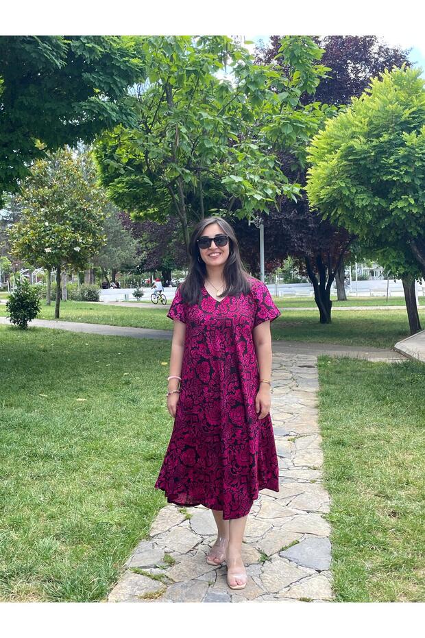 Pink Floral Patterned V-Neck Casual Summer Dress – Asymmetrical Cut 38-50 Size Compatible