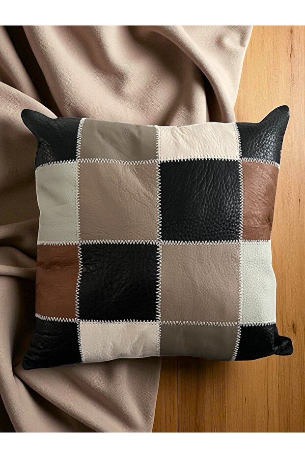 Kanyon Patchwork Deri Kırlent Kılıfı