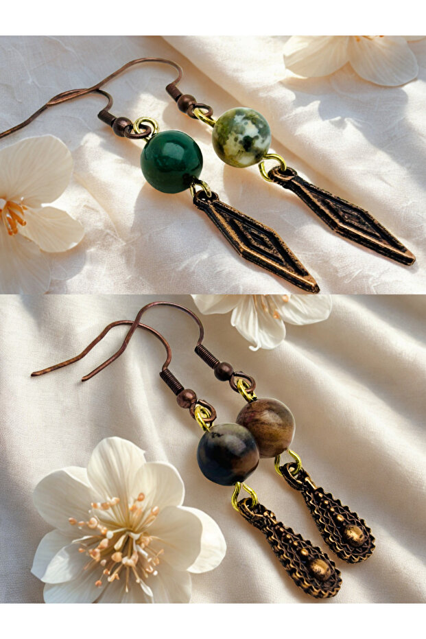 Indian Opal & Rhodonite Natural Stone 2-Piece Dangle Dark Copper Color Zamak Plated Long Earrings