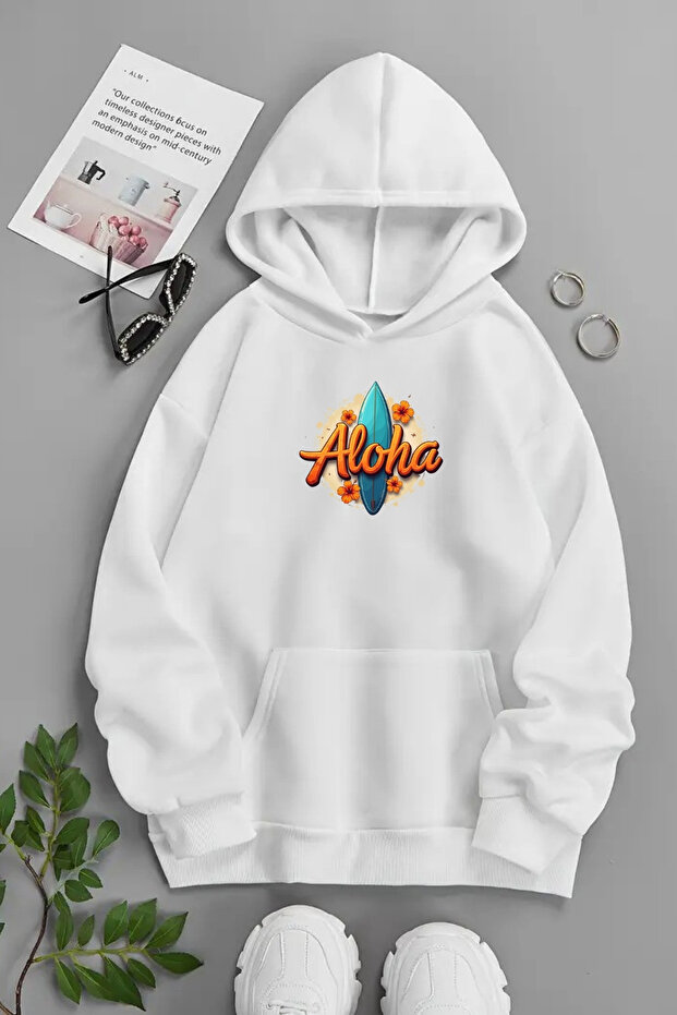 سويت شيرت أبيض بقلنسوة للجنسين – Aloha، قماش سميك مطبوع