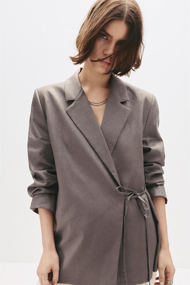 Fiyonklu %100 keten blazer - 4