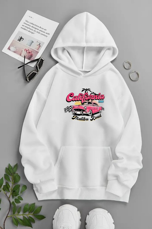 Unisex White Hooded Sweatshirt – California Malibu Usa, Printed Hooded Thick Fabric