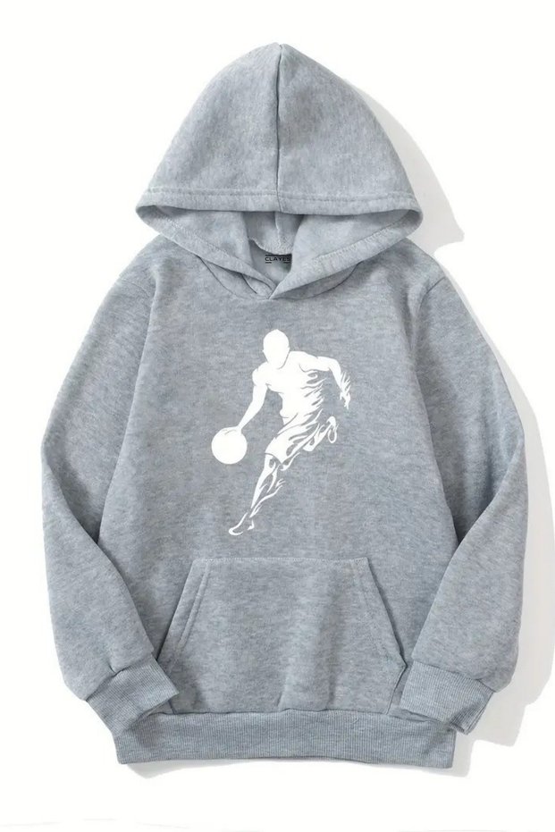 Unisex Gray Hooded Sweatshirt – Basketball Printed, Thick Fabric with Hood