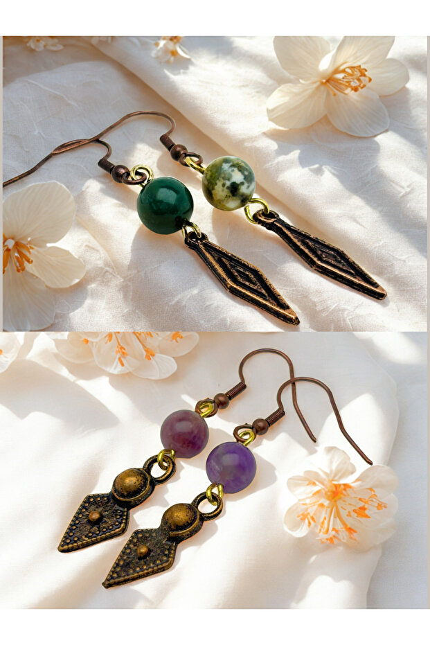 Indian Akiki & Amethyst Natural Stone 2-Piece Dangle Dark Copper Color Zamak Plated Long Earrings