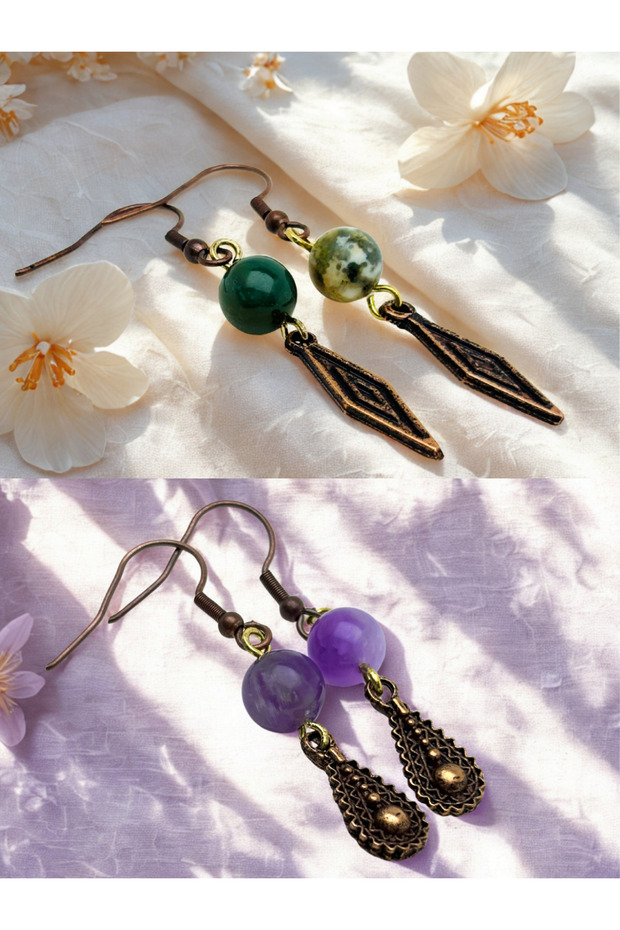 Indian Akiki & Amethyst Natural Stone 2-Piece Dangle Dark Copper Color Zamak Plated Long Earrings