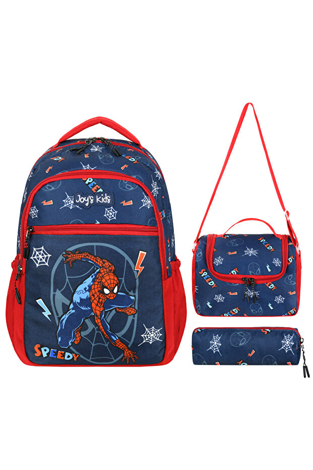 Joy's Kids Spider Patterned 3-Piece School Set (Backpack + Lunchbox + Pen Holder)