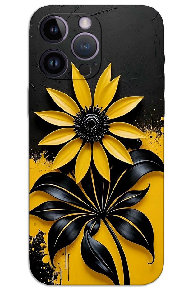 iPhone 14 Pro Max Case Hd Pattern Printed Back Cover - Black Yellow Flower