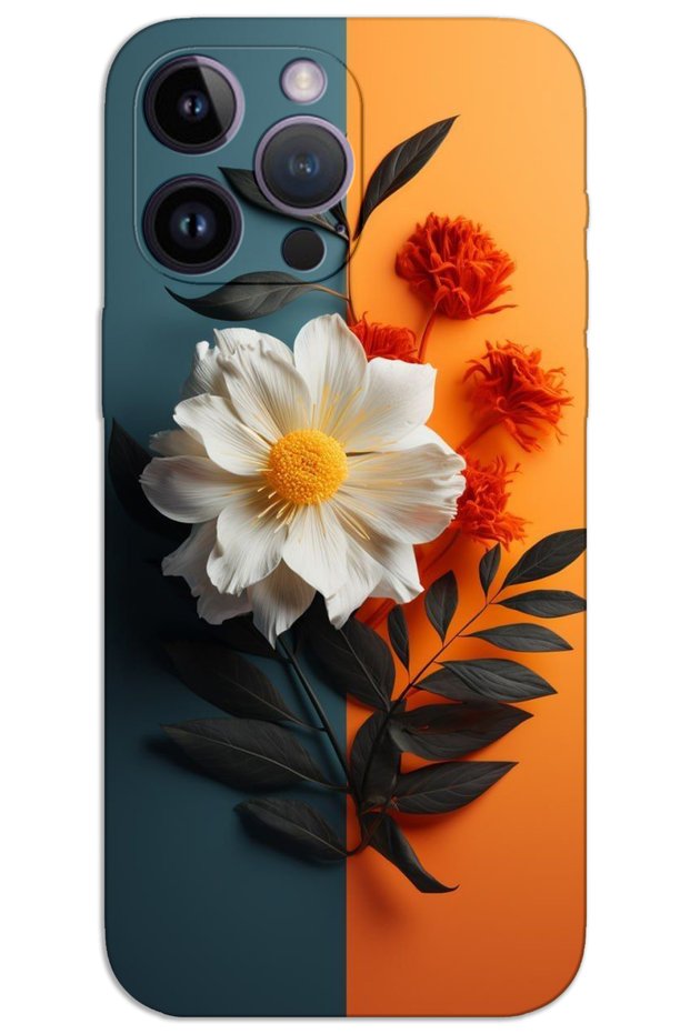 iPhone 14 Pro Case Hd Pattern Printed Back Cover - White Orange Flower