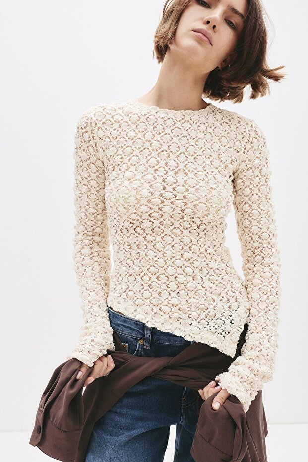 Uzun kollu dantel top - 4