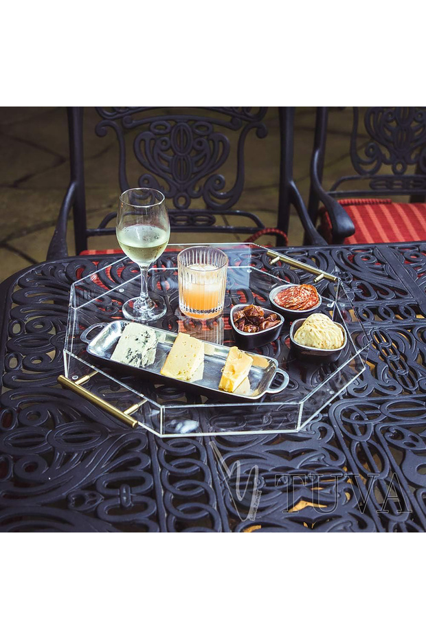 Tuva - Round Octagonal Tray with Gold Handles | Modern Plexiglass Presentation Tray | Stylish Elite (30 X 30 cm)