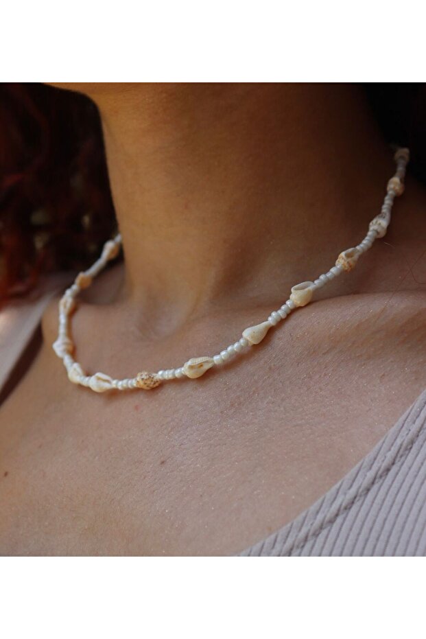 Stainless Steel White Beads & Natural Mussels Necklace