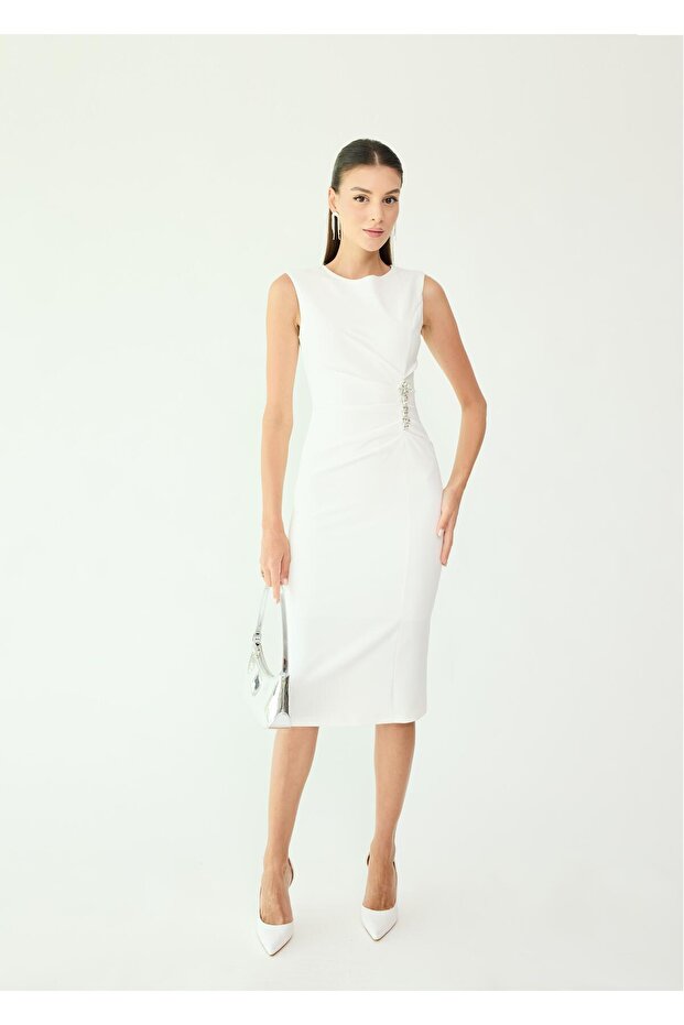 Drapeli Taşlı Elbise - 1