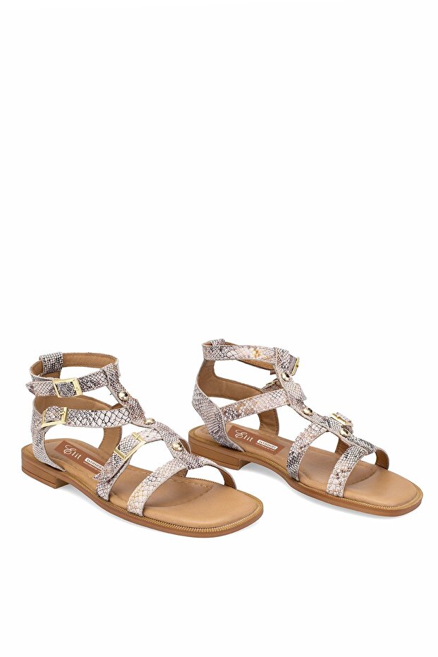 Elit Talia Women's Genuine Leather Flat Sandals Beige