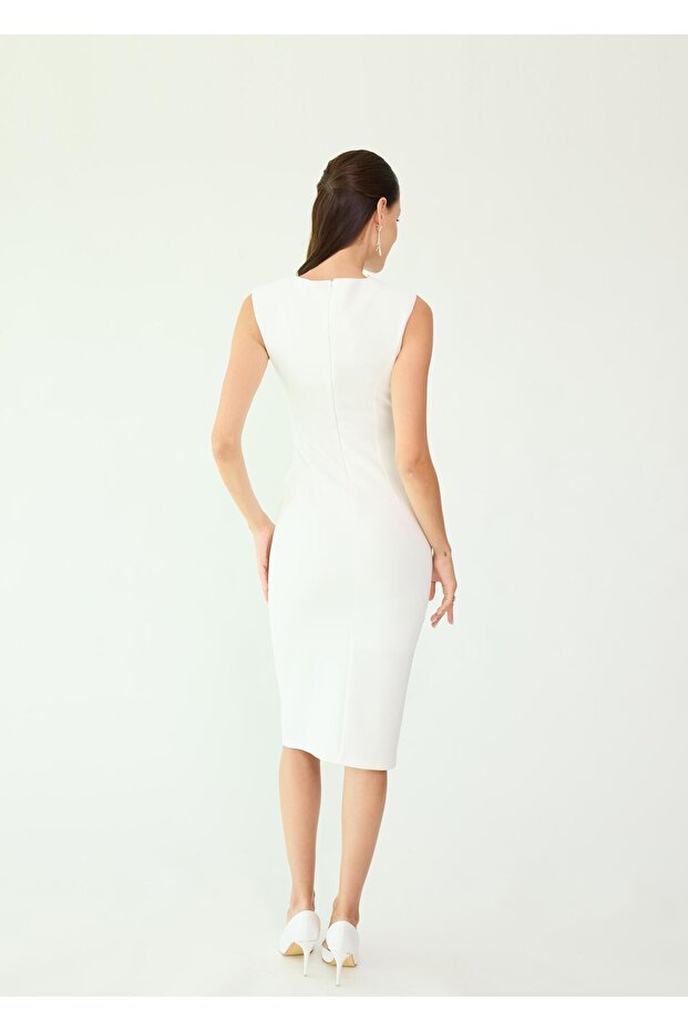 Drapeli Taşlı Elbise - 4