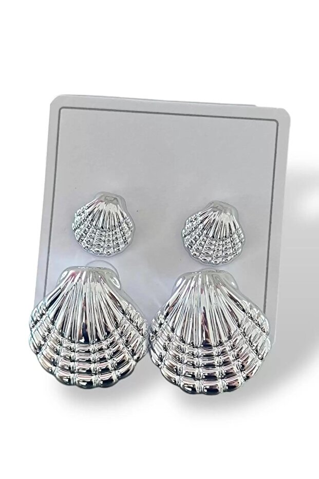 مجموعة أقراط على شكل صدفة البحر باللون الفضي - 2