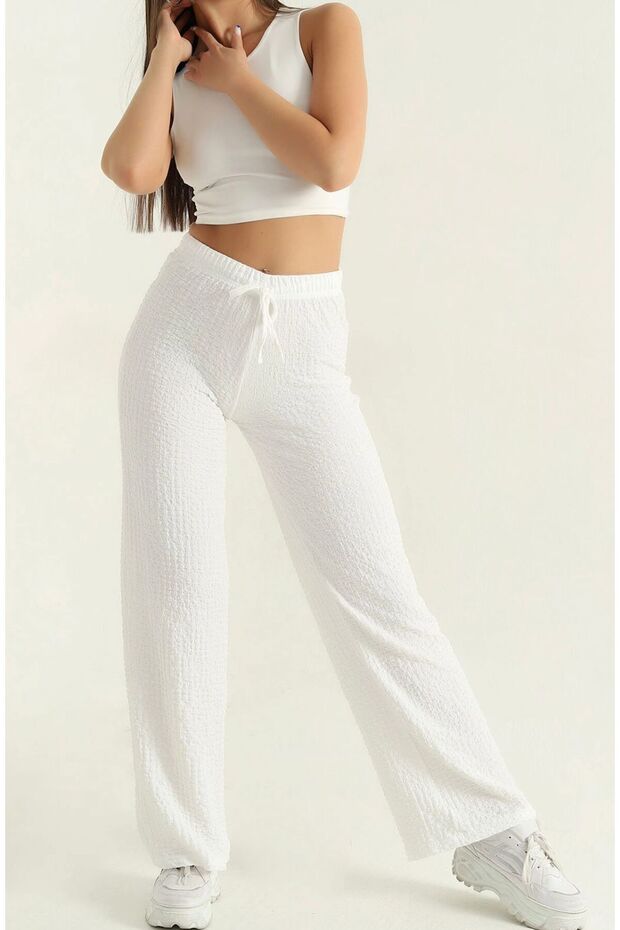 Lady's Elastic Waist Slack Seersucker Wrinkle Fabric Palazzo Pants
