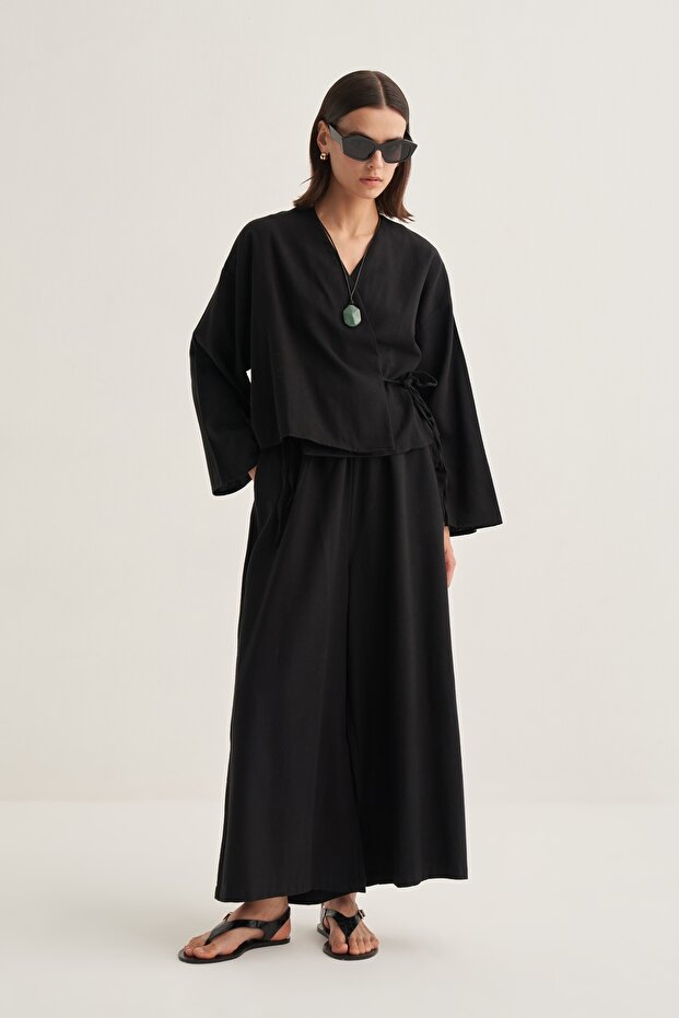 Women's Organic Cotton Short Kimono Black