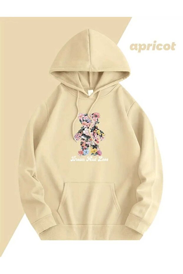 Dream and Love Printed Hooded Pocket Cotton Beige Sweatshirt