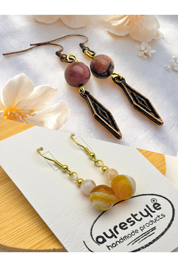 Set of 2 Earrings with Rodonite & Carnelian & Citrine Natural Stones