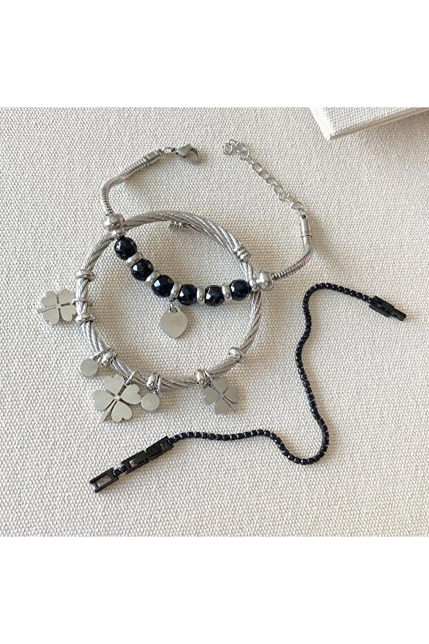 Clover Heart 3-Piece Steel Bracelet Set