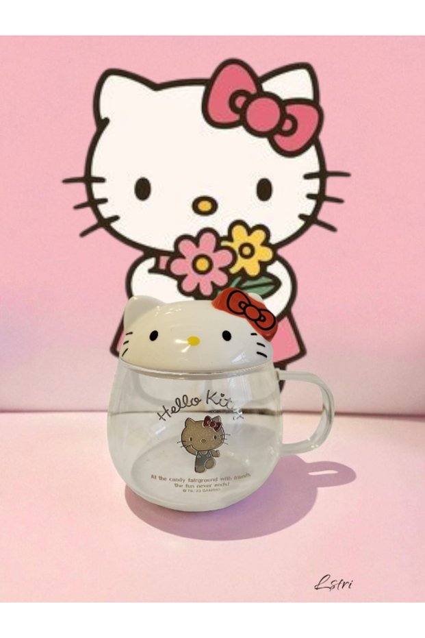 Hello Kittiy Cartoon Glass Drinking Cup with Lid Cute Transparent Bubble Tea Household Milk Cup