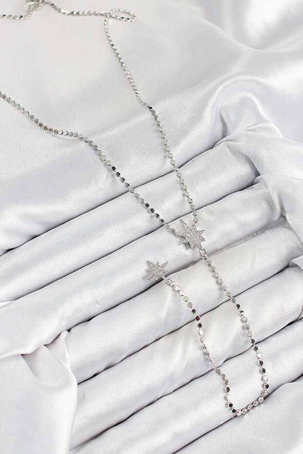 Brass Zircon Stone Crushed Chain Pole Star Y Necklace (Silver Color)
