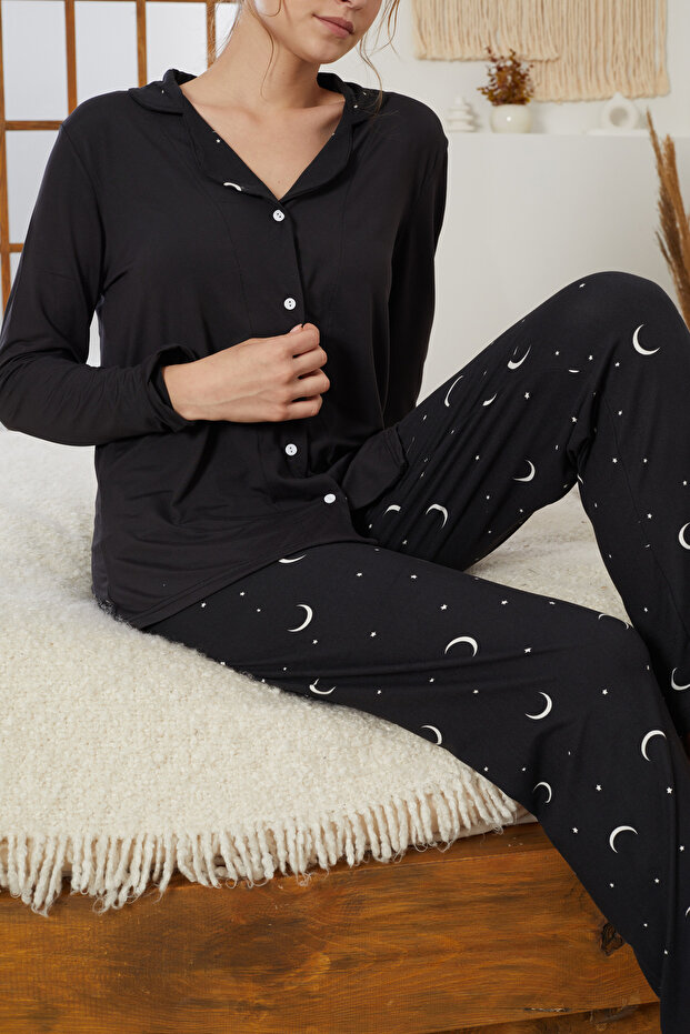Black Star Patterned Shirt Collar Buttoned Milan Knitted Pajamas Suit25224011