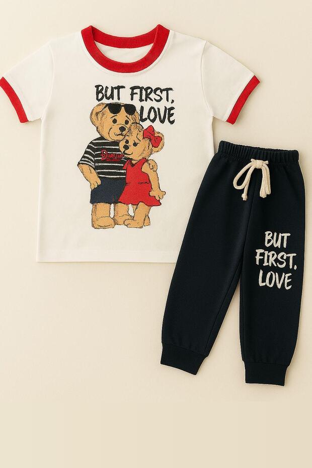 Children's Love Teddy Bear Patterned Short Sleeve Pajama Set