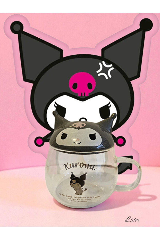 Kuromi Cartoon Glass Drinking Cup with Lid Cute Transparent Bubble Tea Household Milk Cup