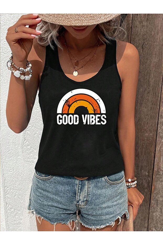 Women's Colorful Printed Slim Fit Hollow Collar Swimmer Tank Top T-Shirt
