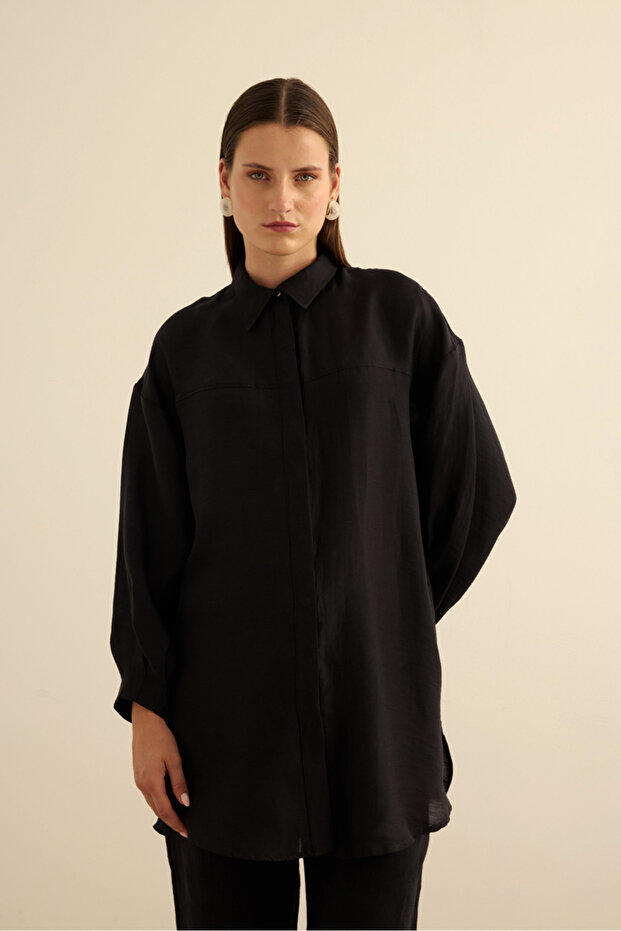 Siyah Rahat Form Keten Bluz - 3