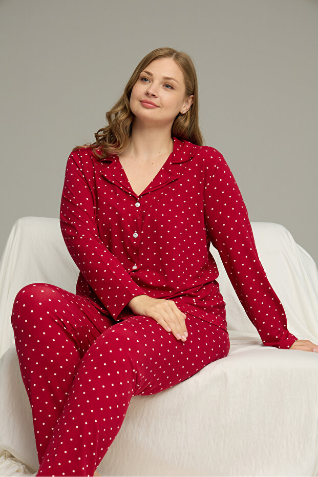 Burgundy Patterned Large Size Battal Size Shirt Collar Button Milan Knitted Pajamas Suit25224319