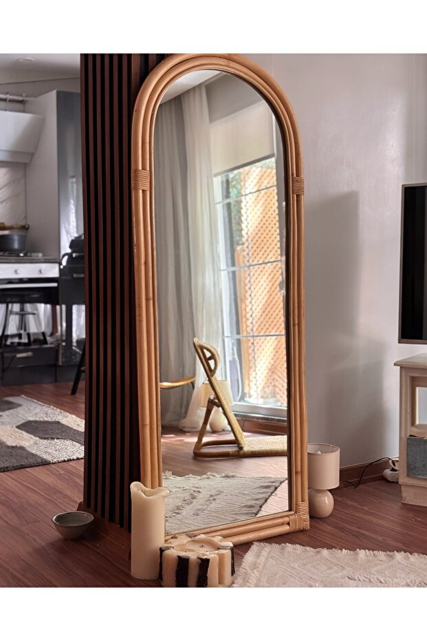 Boy aynası 160 cm,bohem boy aynası,el yapımı bambu çerçeveli 160 cm boy aynası - 1