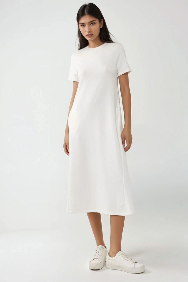 Yuvarlak Yaka Kısa Kollu Basic Midi Elbise Busem Collection - 1