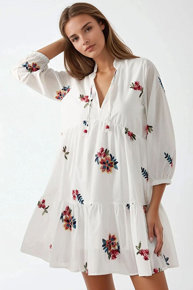 Desenli V Yaka Mini Elbise - 1