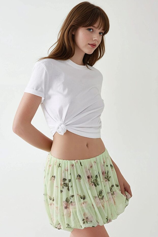 Çiçek Desenli Mini Balon Etek - 5